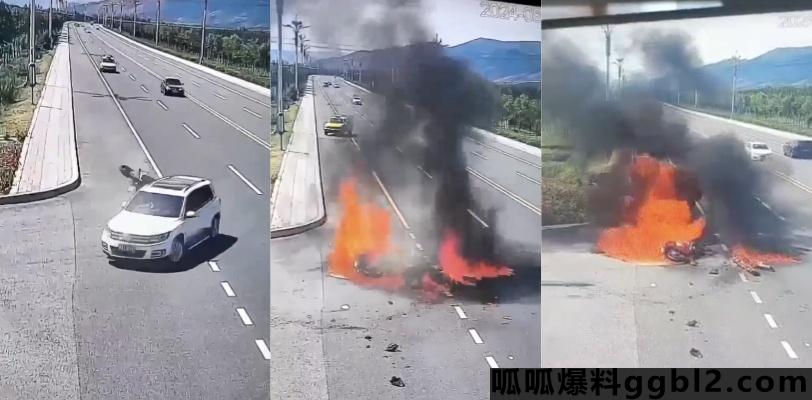 呼和浩特高速行驶的摩托车撞上前方汽车后瞬间起火驾驶员重度烧伤 thumbnail